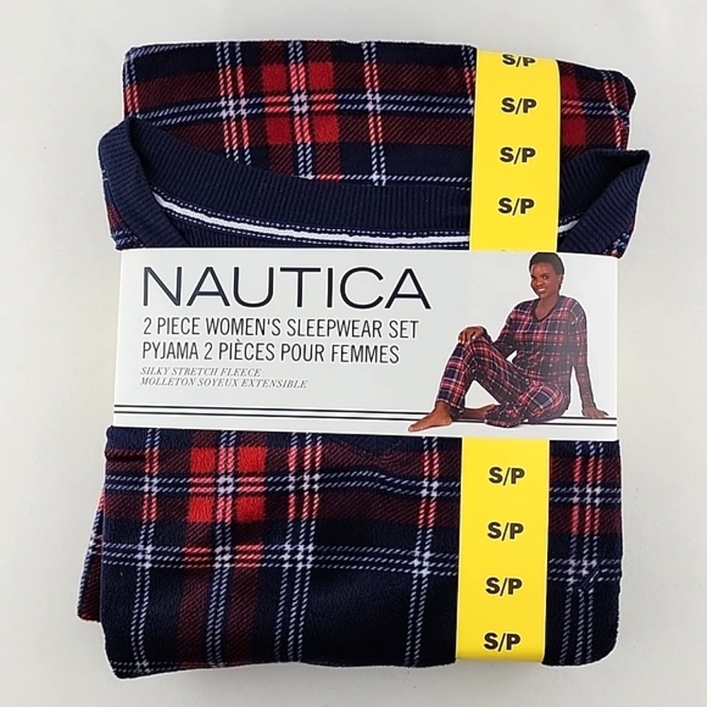 NWT NAUTICA Women's Sleepwear  Set 2 Piece Red Navy Fleece Plaid Stretch Sz S - Picture 2 of 8